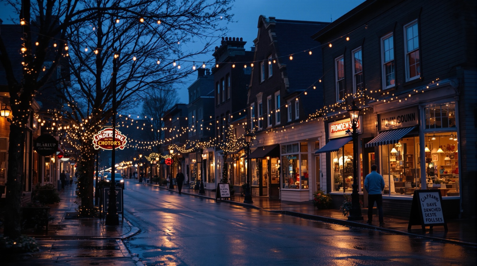 Small business storefronts at dusk